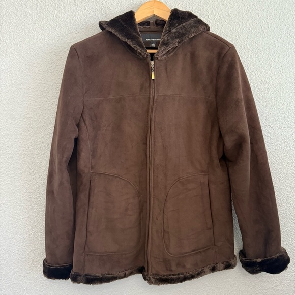 Jones NY Faux Suede Hooded Jacket Size Large Chocolate Brown Zip Up - Picture 2 of 3
